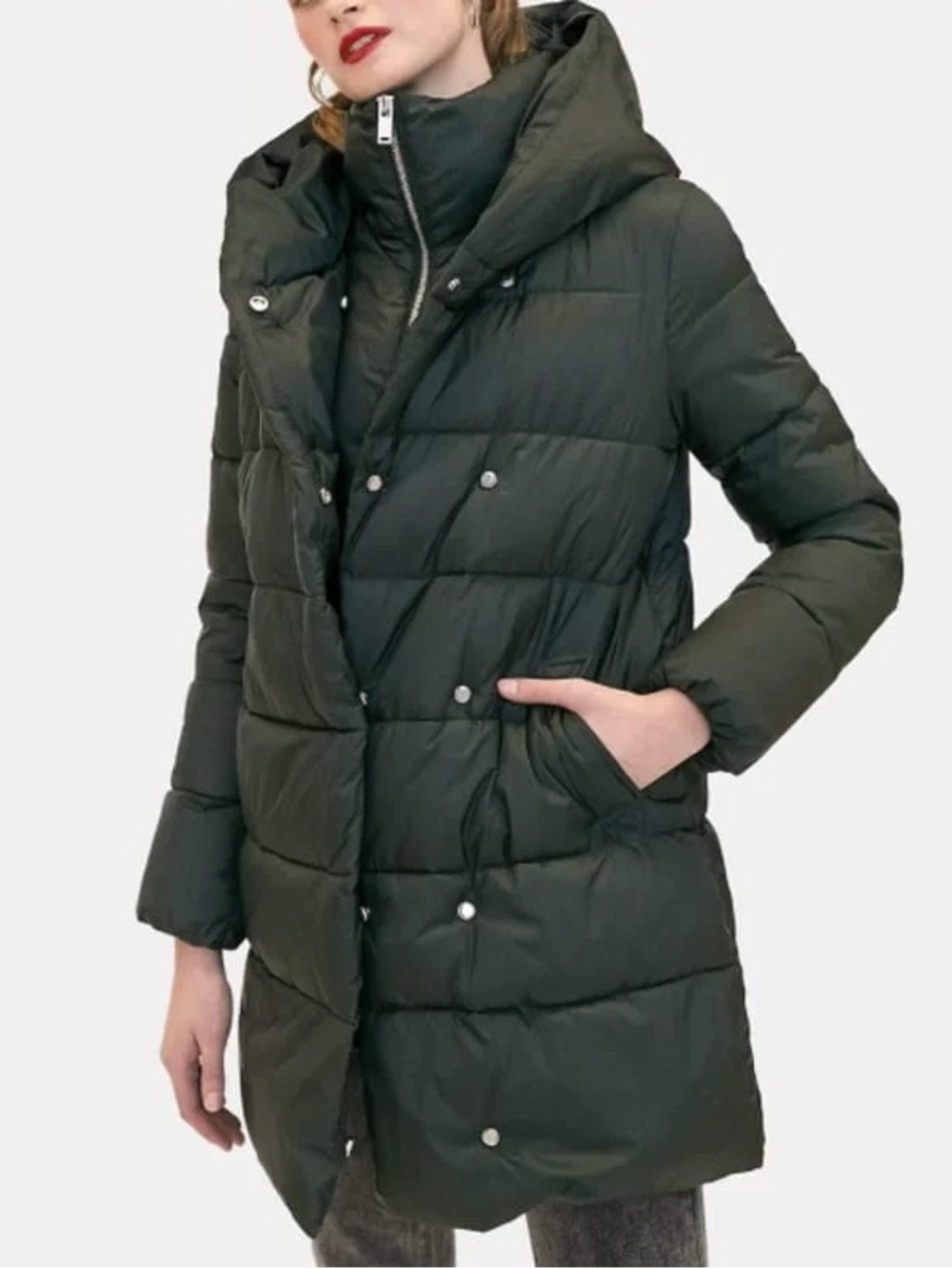 Quilted Hooded Puffer Coat in Deep Olive Green Zara